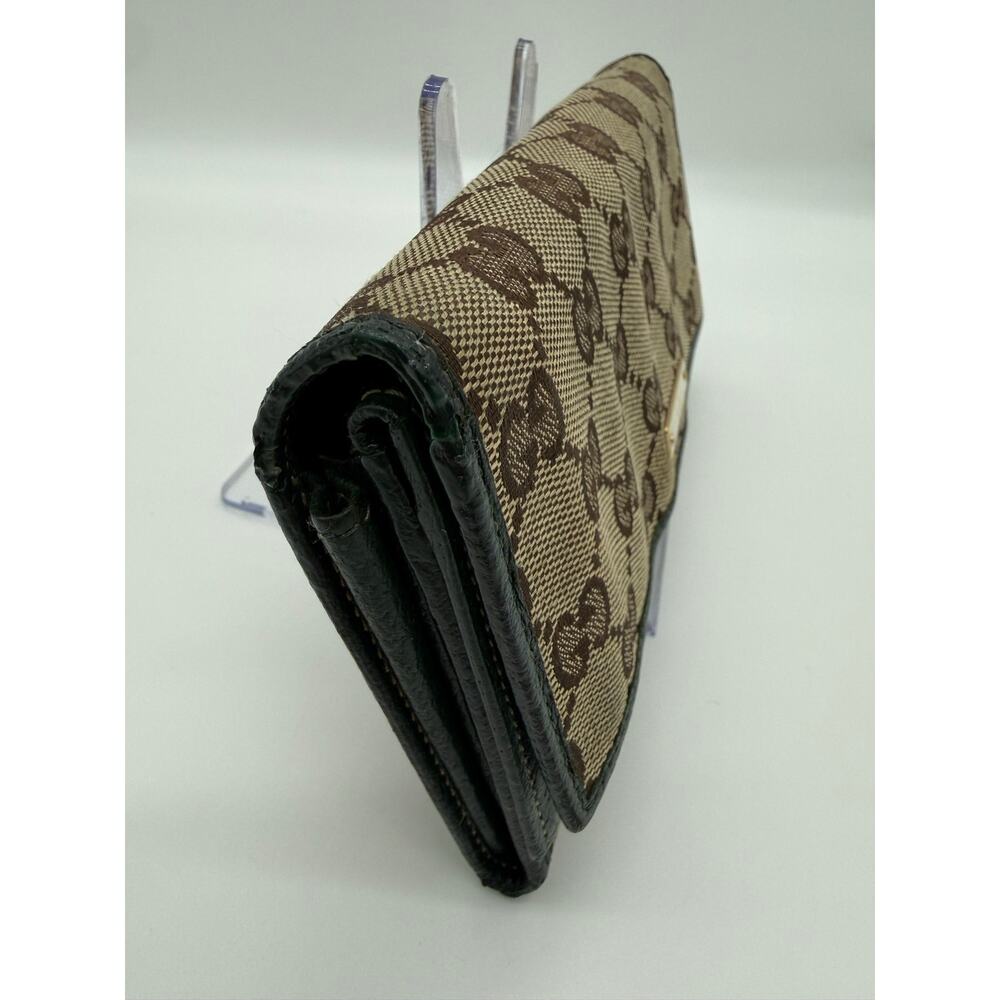 Vintage Gucci GG Canvas W Flap Continental Wallet Forest Green Leather Metal Bar - Picture 6 of 14